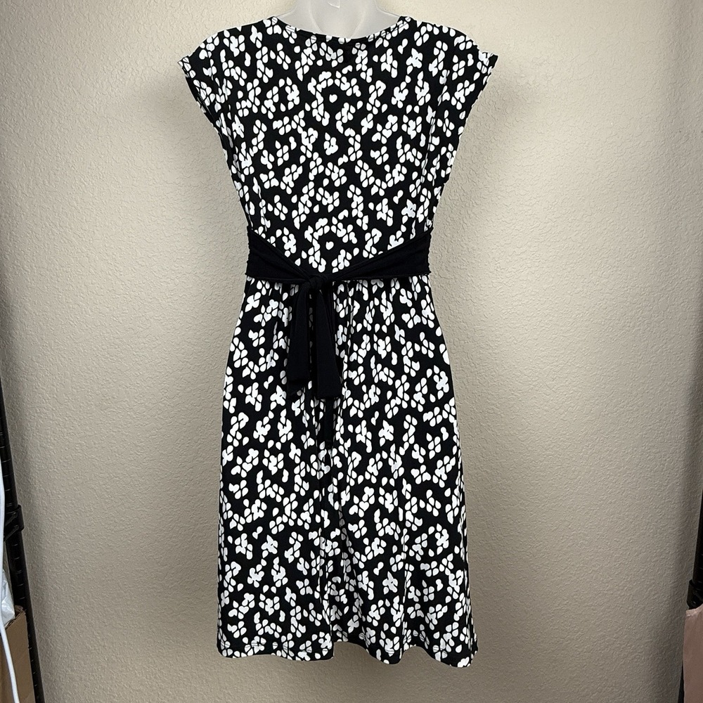 Vtg Wrapper Y2K Mod Black/White Empire Waist Faux Belt Tie Back Midi Dress Sz M - Picture 3 of 10